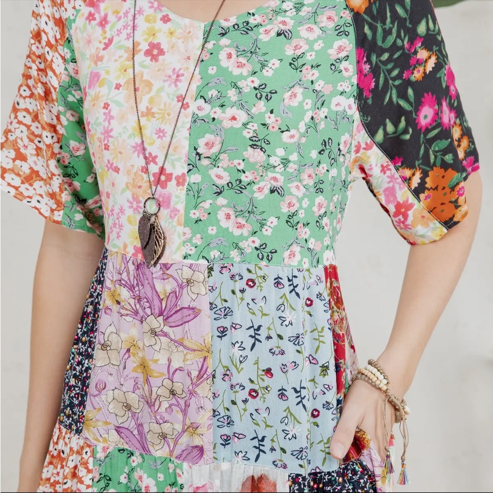 YOUNG THREADS Boho Multicolor Floral Patchwork Flowing Tiered Maxi Dress, M - Picture 5 of 8